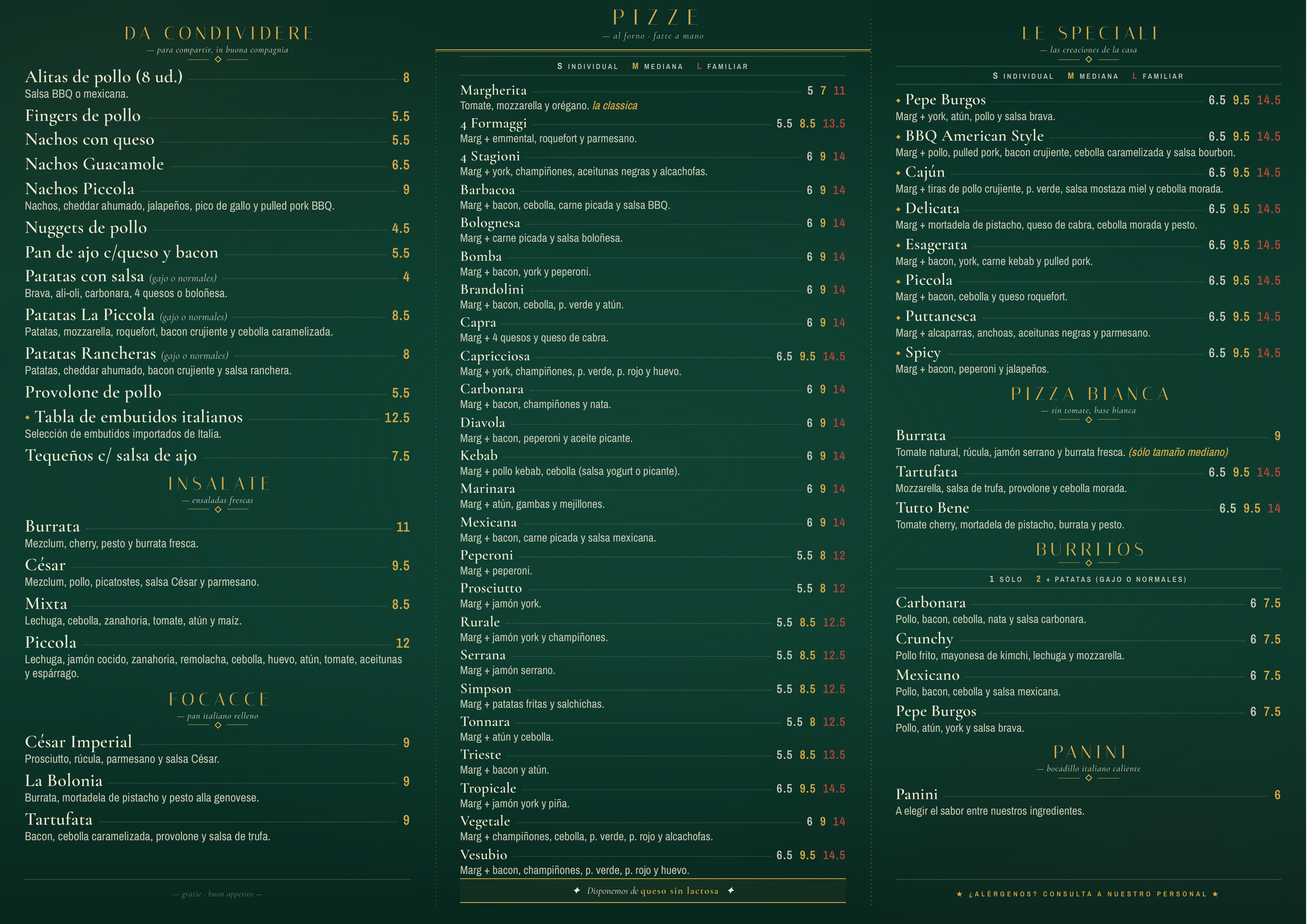 Interior de la carta de Piccola Pizzorante con secciones de pizzas, hamburguesas y entrantes