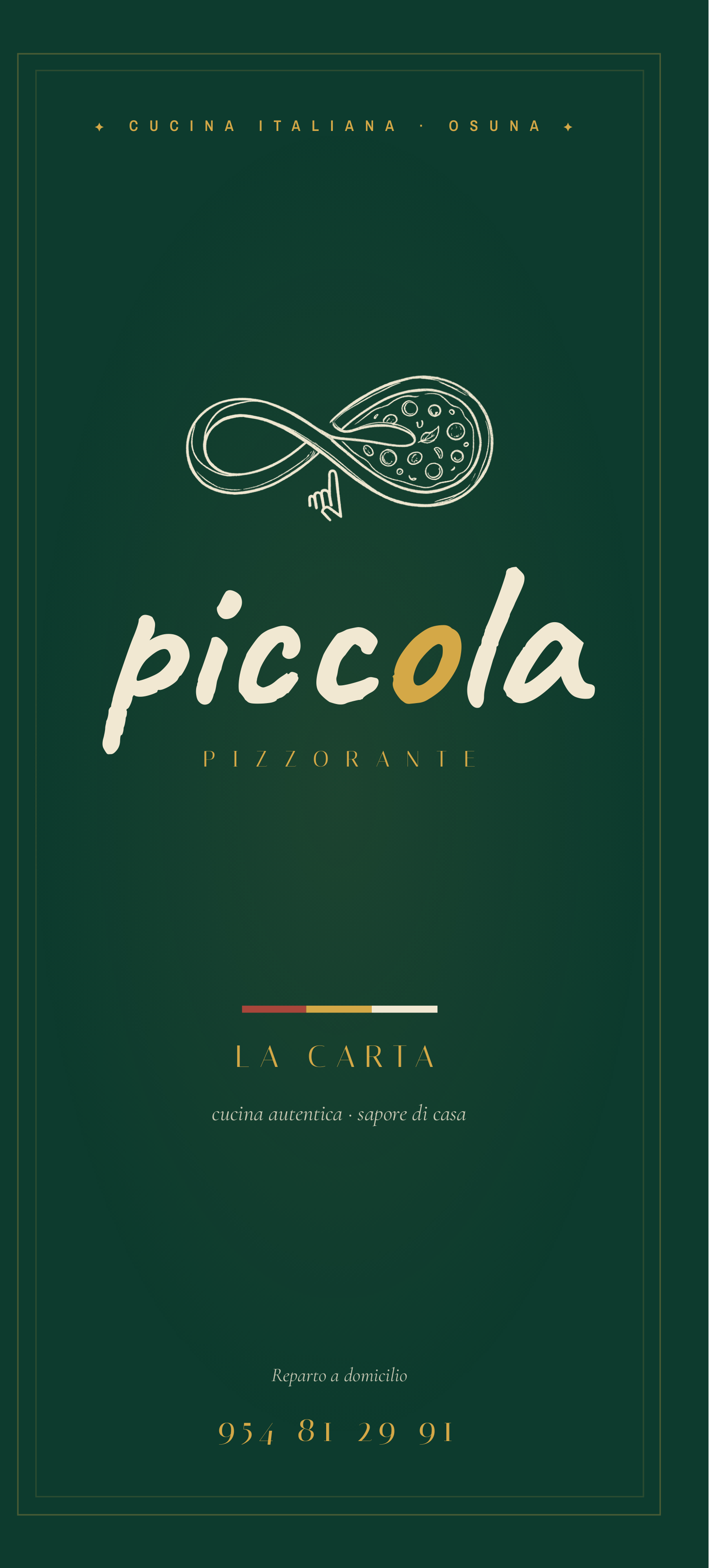 Portada de la carta de Piccola Pizzorante con logo