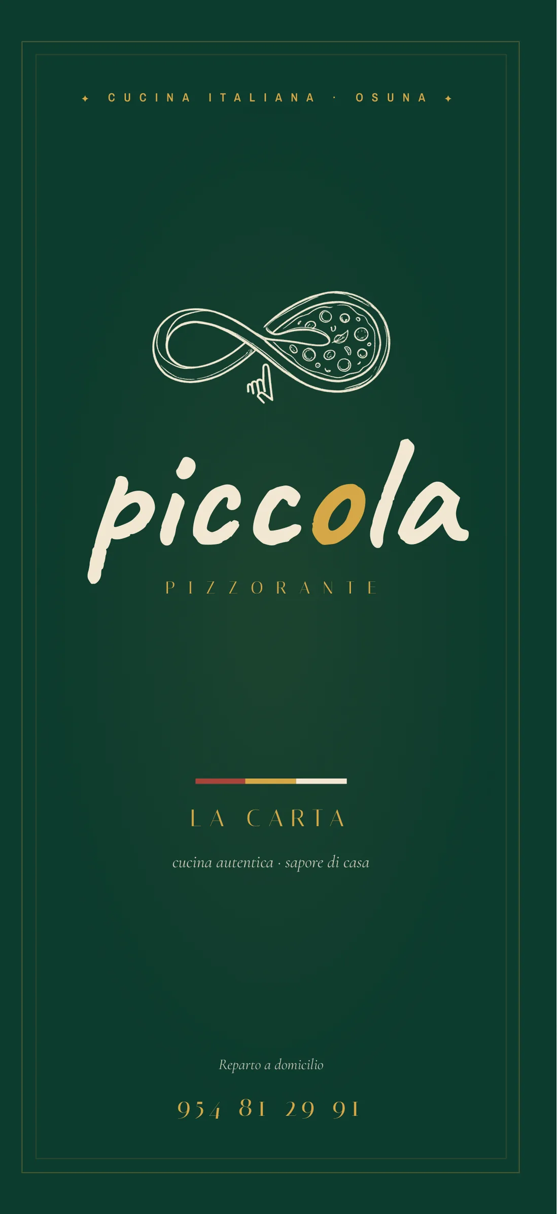 Portada de la carta de Piccola con el logo y la franja tricolor