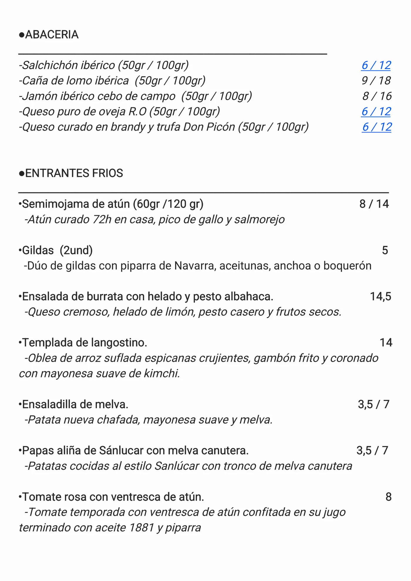 Carta anterior de Tetuán: lista de platos en texto plano