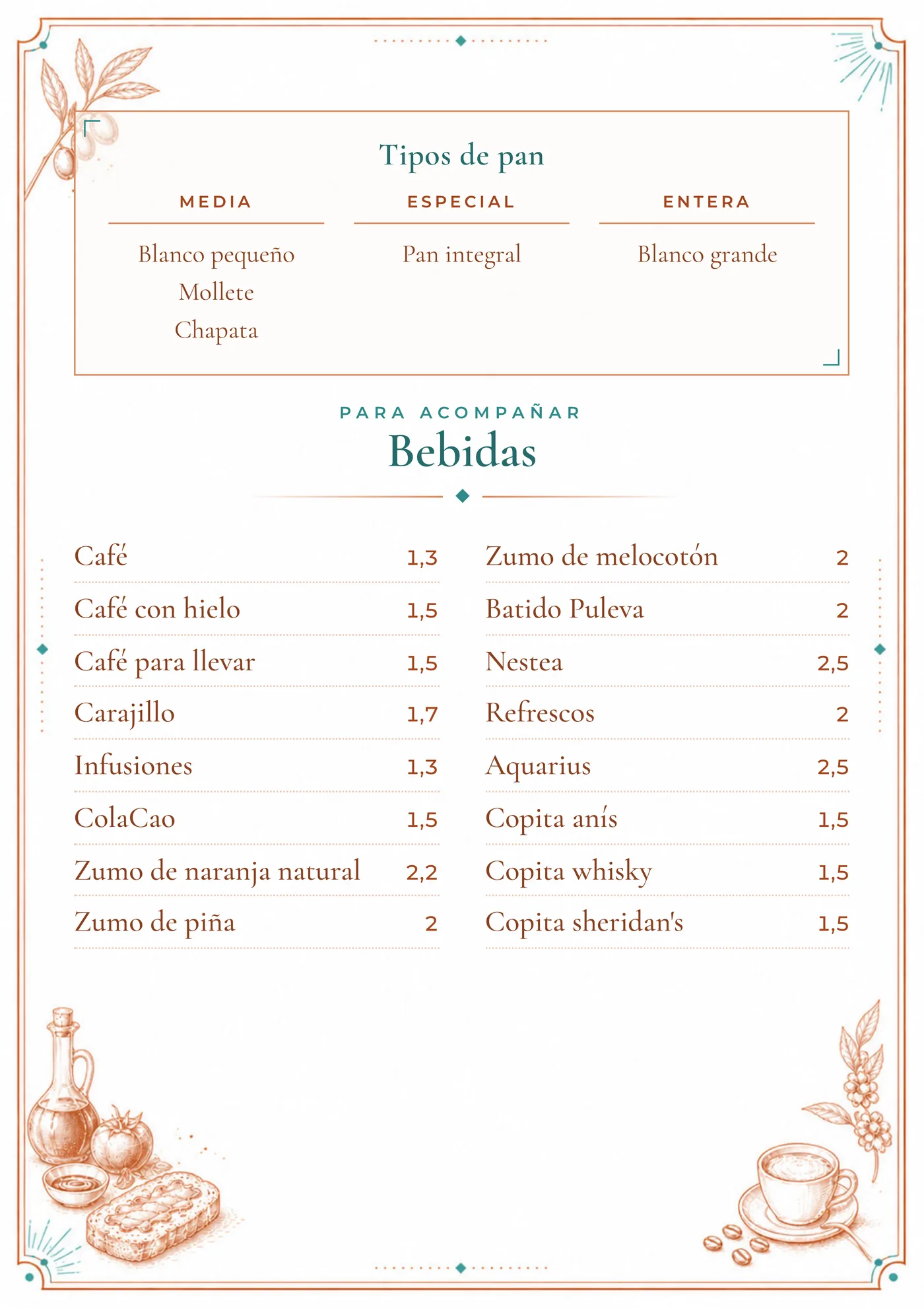 Tipos de pan y bebidas