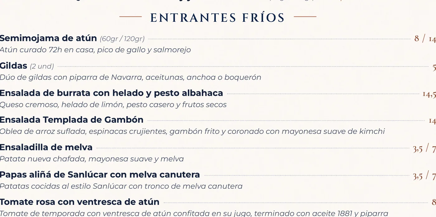 Sección de entrantes fríos con descripciones y precios